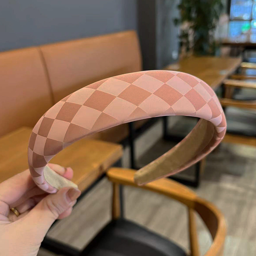 Retro Fashion Leather High Skull Top Chessboard Lattice Sponge Headband