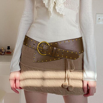 Retro Brown Base Rivet Metal Ring Buckle Personality Belt Punk