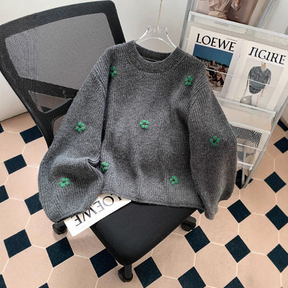 Loose And Lazy Style High-grade Korean Style Vintage Embroidered Flower Pullover Sweater