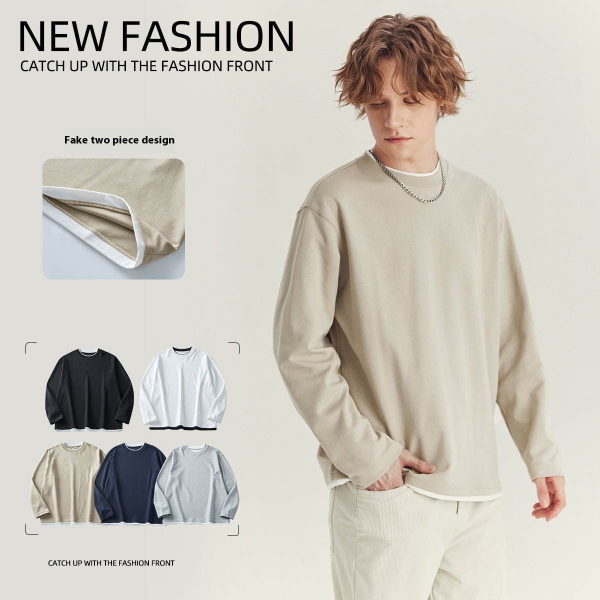 Men's Long-sleeved T-shirt Loose Round Neck Contrast Color Top