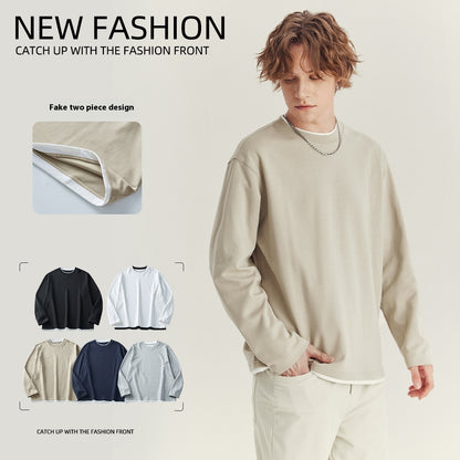Men's Long-sleeved T-shirt Loose Round Neck Contrast Color Top