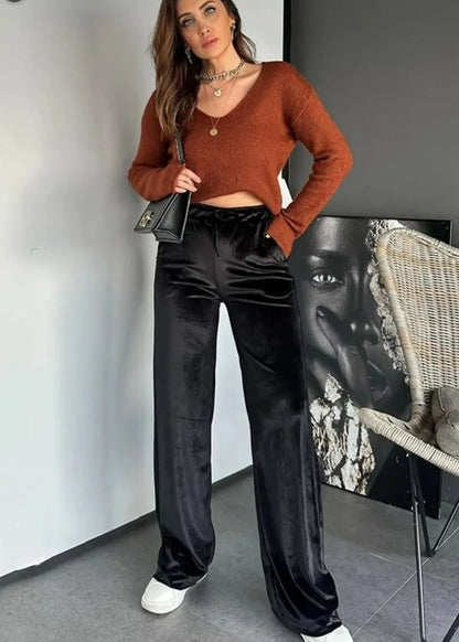 Black Shiny Velvet Drawstring High Waist Straight Leg Casual Pants