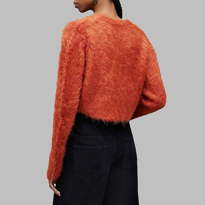 Women's V-neck Single Breasted Mink Solid Color Short Commuter Sweater