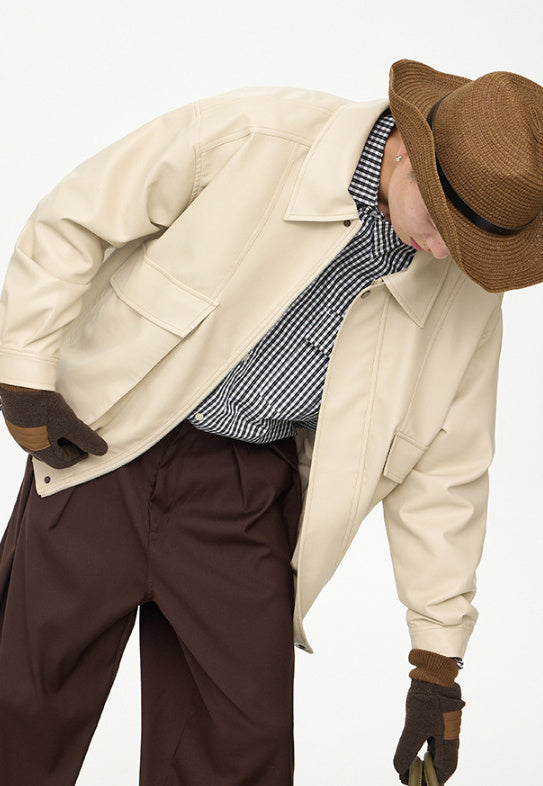 American Retro Street Trend Lapel PU Leather Jacket for Men Cultural Icon