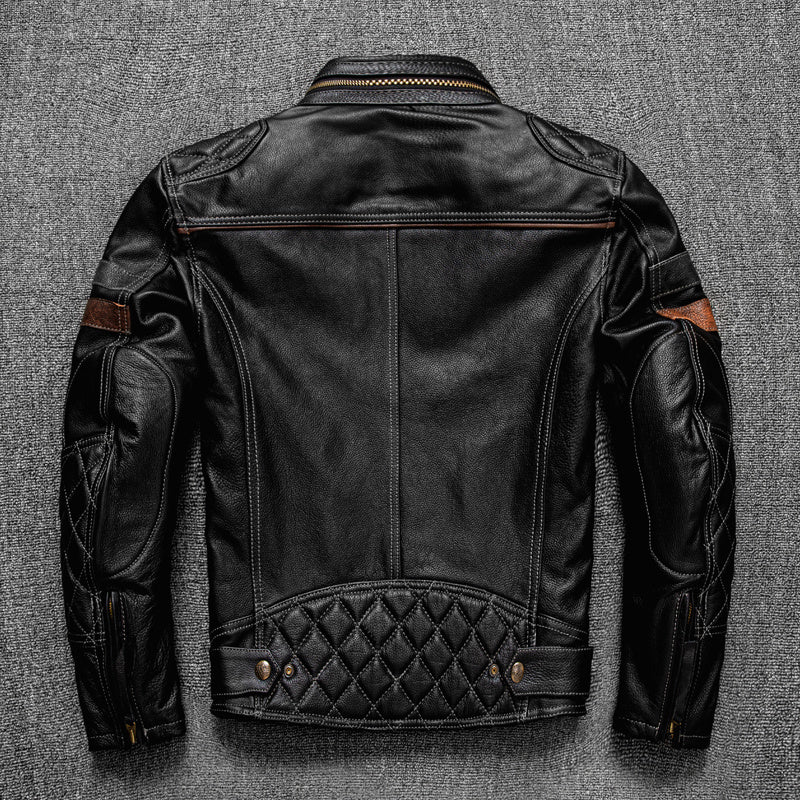 First-Layer Cowhide Leather Coat Mens Stand Collar Motorcycle Cycling Supreme Durability