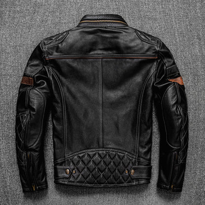 First-Layer Cowhide Leather Coat Mens Stand Collar Motorcycle Cycling Supreme Durability