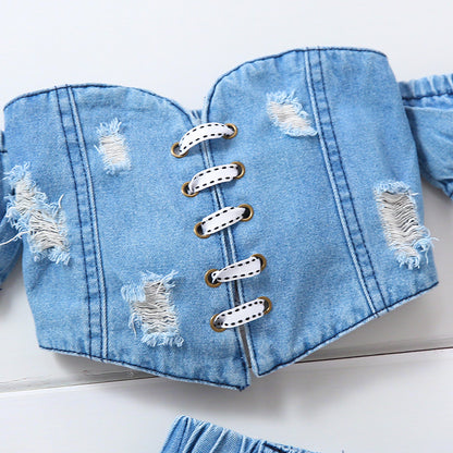 Girls' Denim Ripped Top Shorts Suit