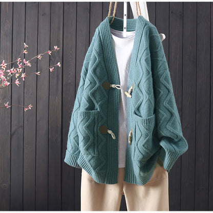 Loose Western Style All-match Horn Button Sweater For Women