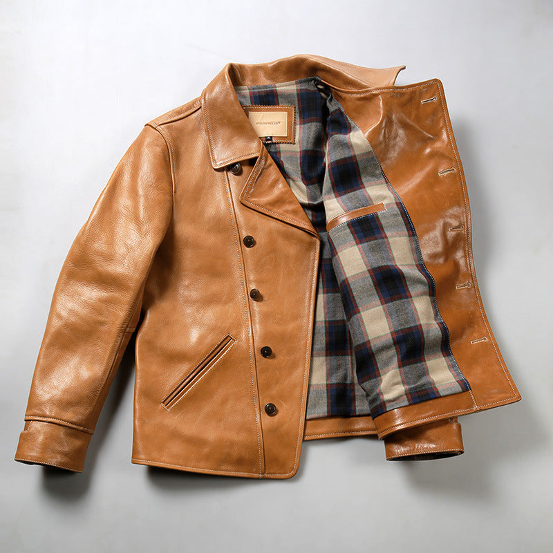 Bear Leather Jacket Mens Lapel Oil Wax Cowhide Coat Rugged Texture