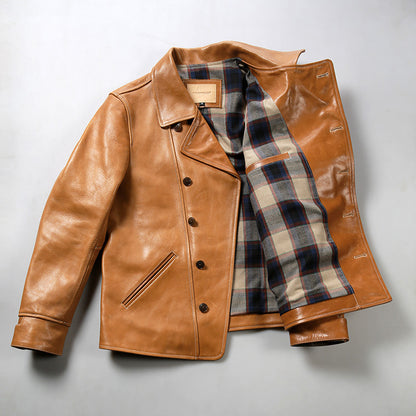 Bear Leather Jacket Mens Lapel Oil Wax Cowhide Coat Rugged Texture