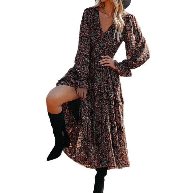 Printed V-neck Casual Loose Long Dress