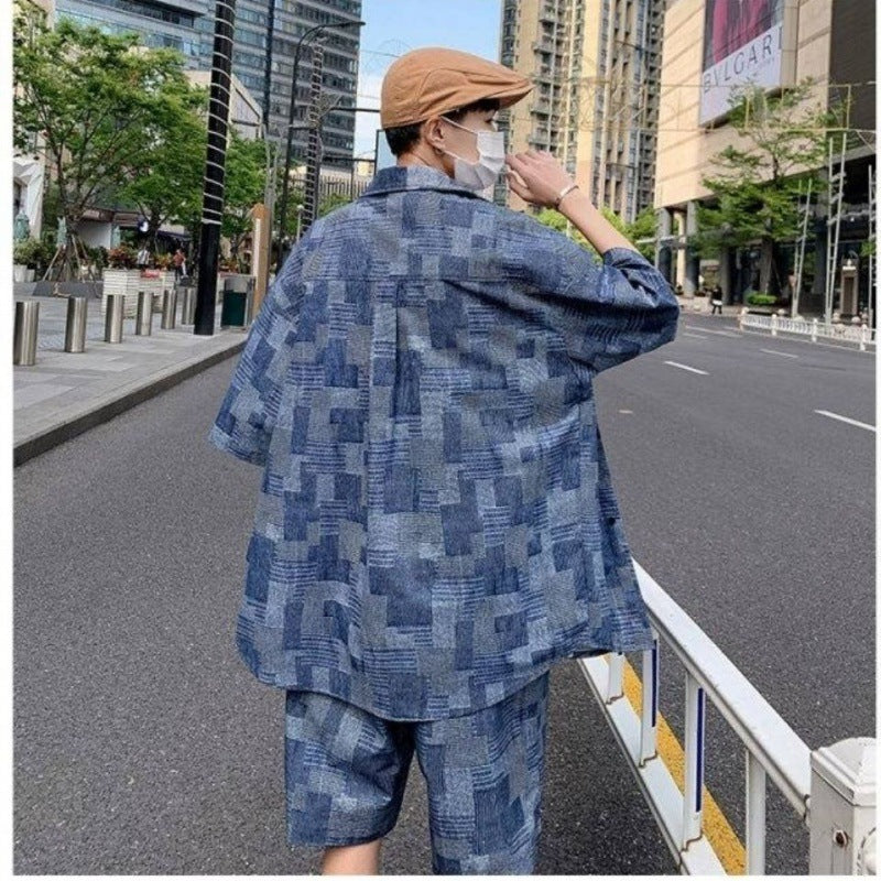 Hong Kong Style Five-Point Retro Trendy Two-Piece Suit