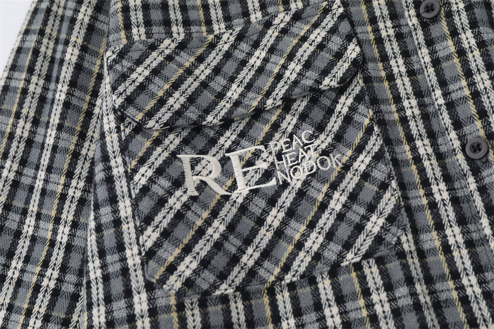 Embroidered Pocket Plaid Long Sleeve Shirt Men