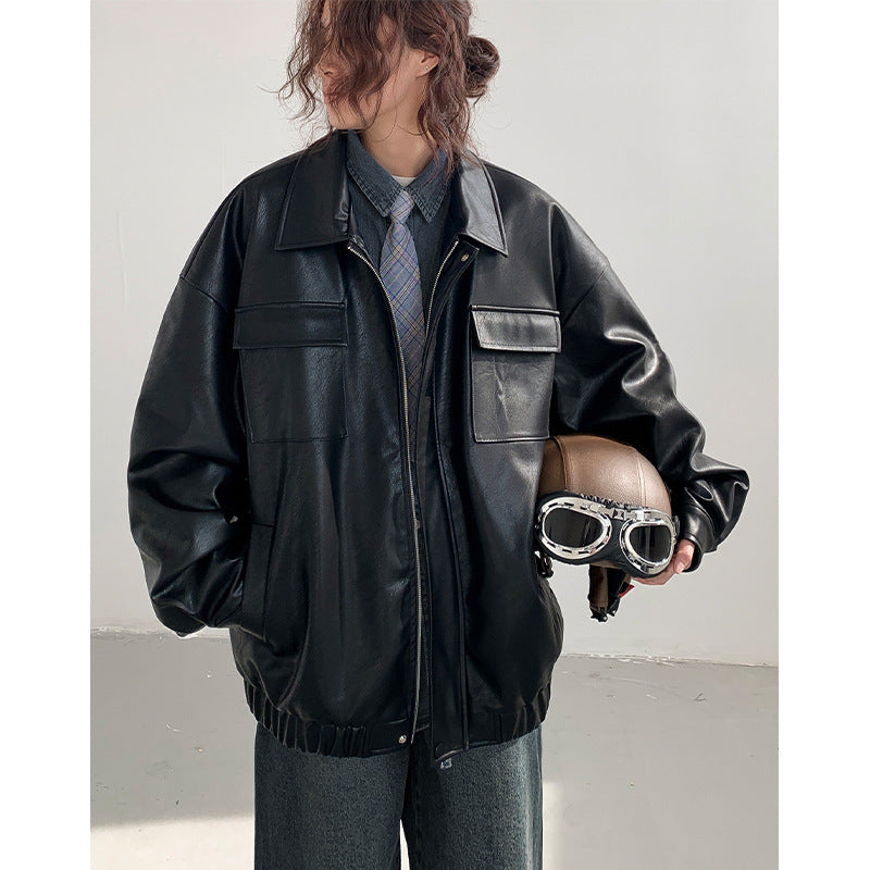 Spring Autumn Leisure Japanese Loose Leather Jacket Effortless Zen