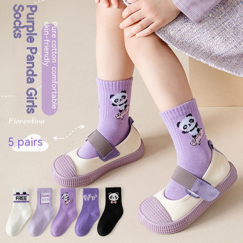 The Panda Athletic: Purple Panda Cartoon Mid-Tube Athletic Socks