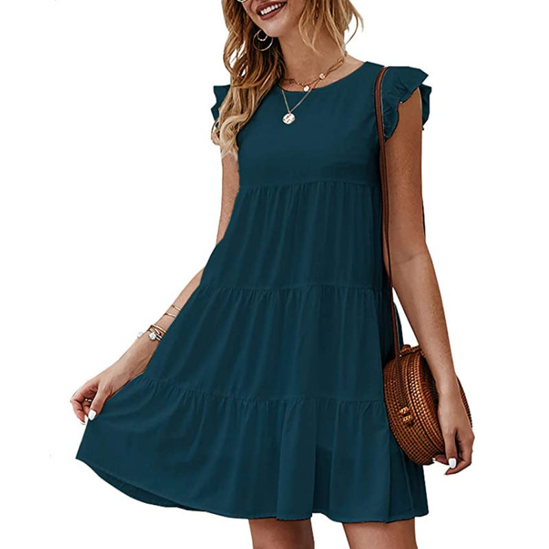 Ladies Solid Color Round Neck Short Sleeve Casual Dress