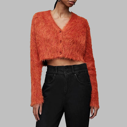 Women's V-neck Single Breasted Mink Solid Color Short Commuter Sweater