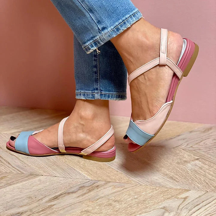 Color Block Open Toe Low Heel Buckle Preppy Style Sandals