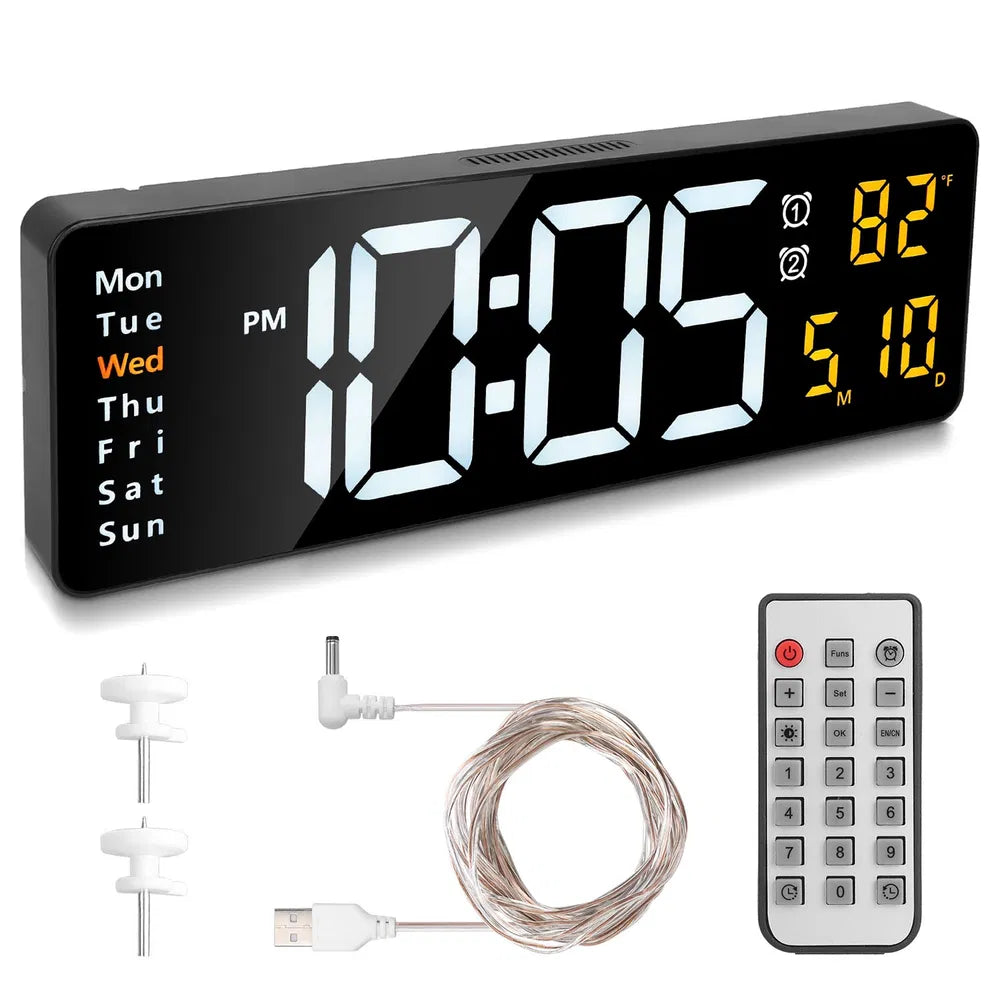 15.7in LED Digital Wall Clock With Remote Control 10 Level Brightness 3 Alarm Settings 12 24Hr Format Timing Countdown Temperature Calendar Display