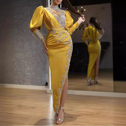 Gold Yarn Satin Sexy Trailing Dress For Women