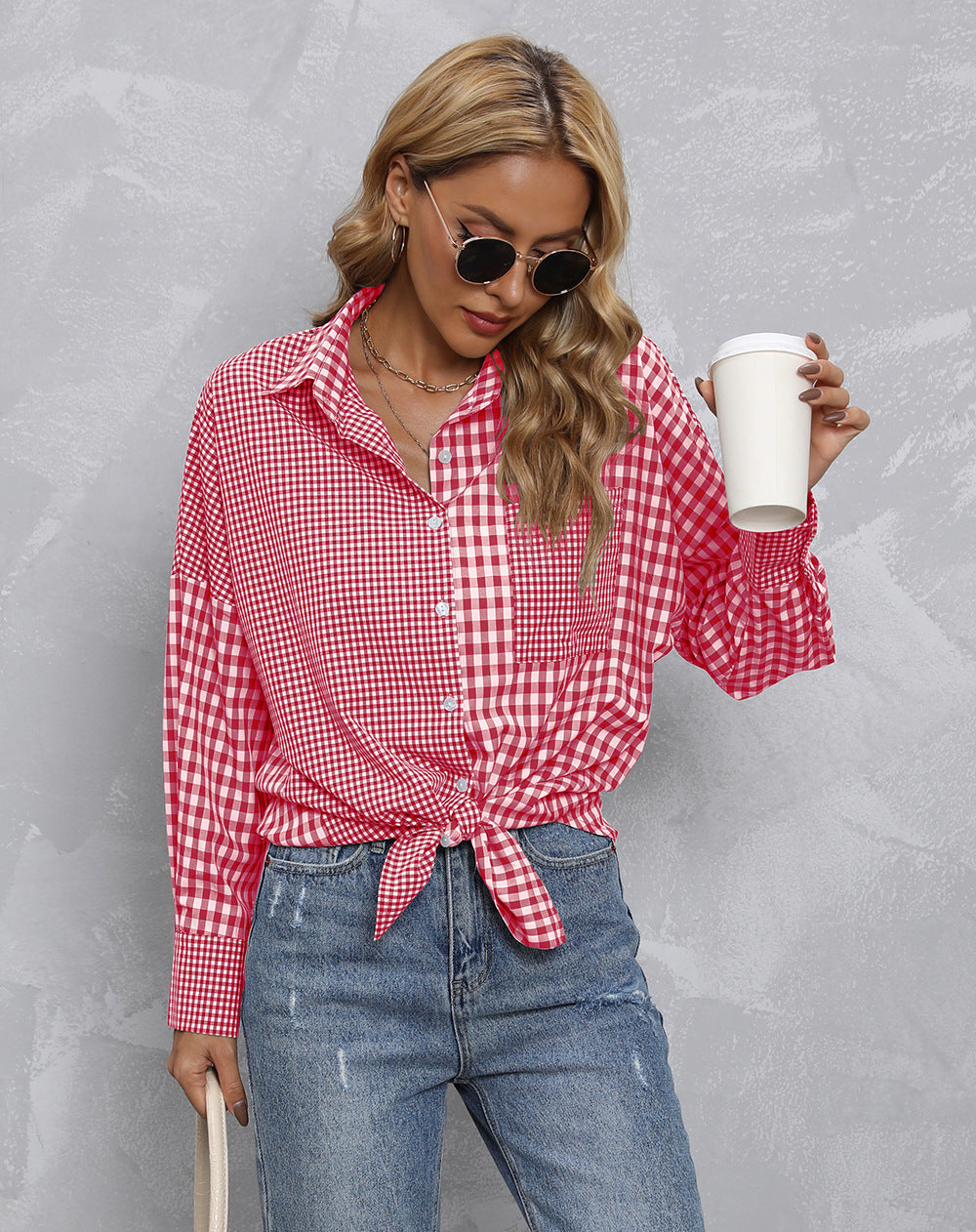 Lapel Plaid Colorblock Loose Casual Shirt