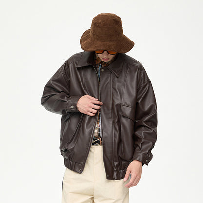American Retro Street Trend Lapel PU Leather Jacket for Men Cultural Icon