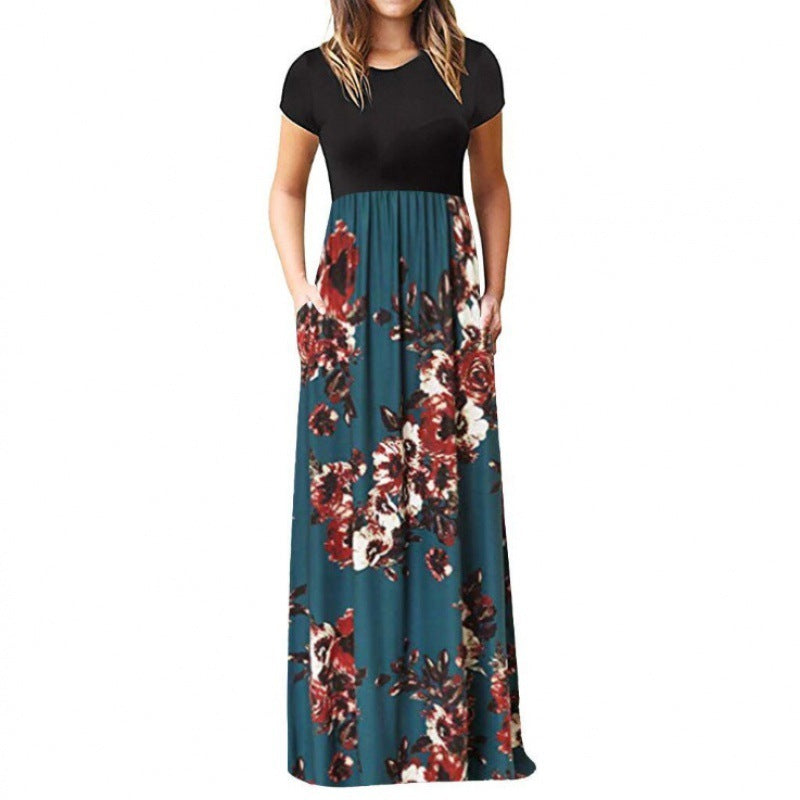 Ladies Short Sleeve Printed Dress Long Skirt
