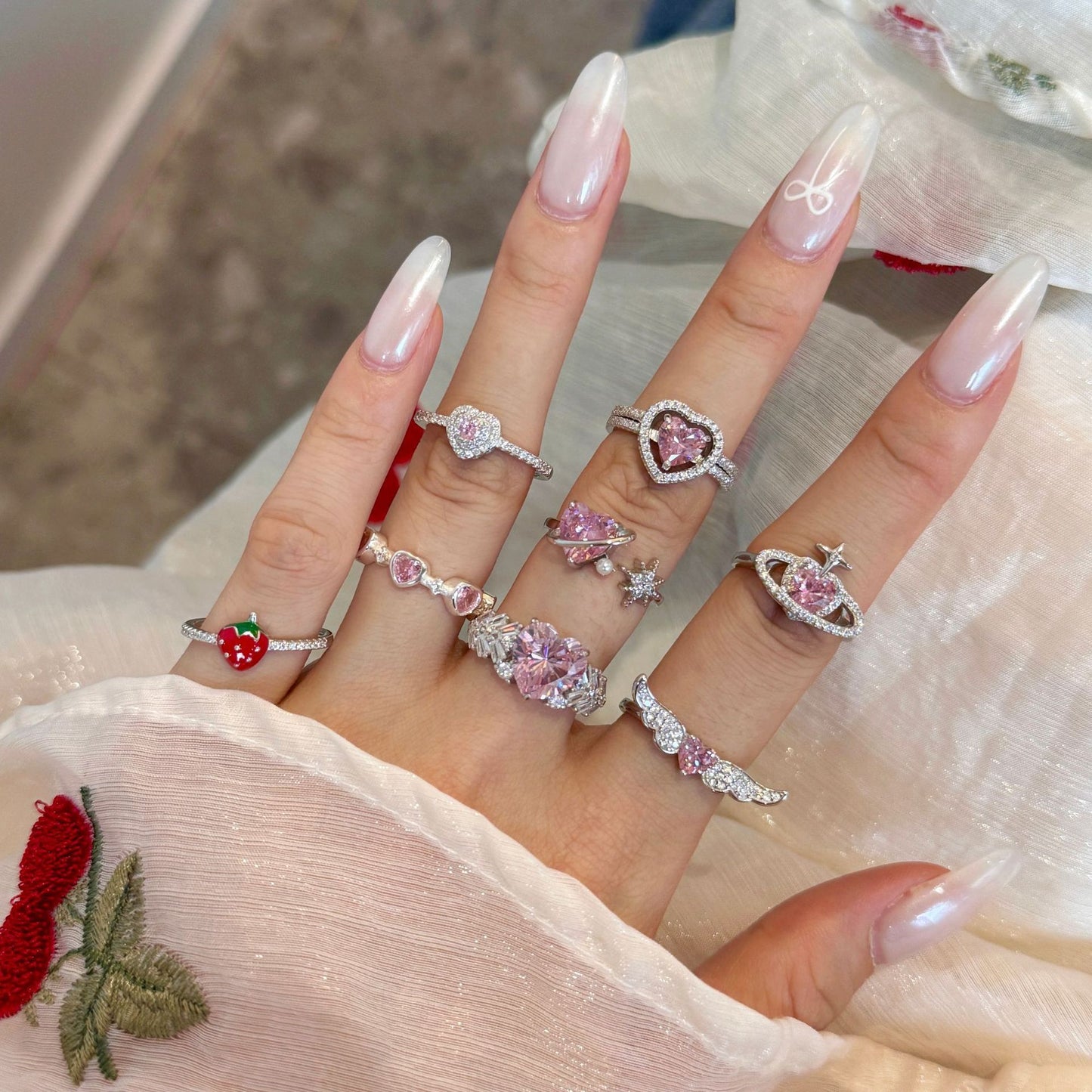 S925 Sterling Silver Ring Female Epoxy Strawberry Heart Wings