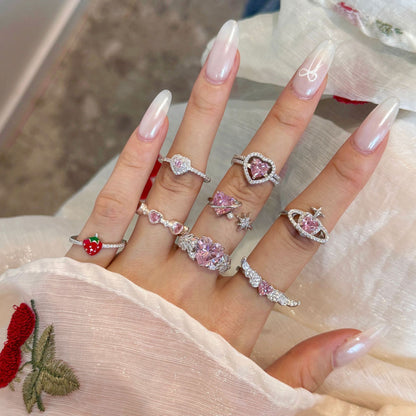 S925 Sterling Silver Ring Female Epoxy Strawberry Heart Wings