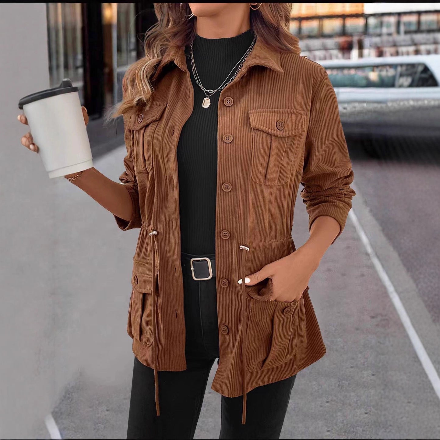 Spring And Autumn Corduroy Jacket Women's Casual Simple Solid Color Polo Collar