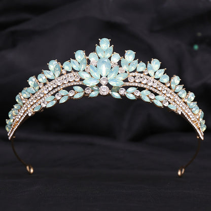 Wedding Birthday Headdress Crown Alloy Inlaid Protein Green Bright Crystal Bride