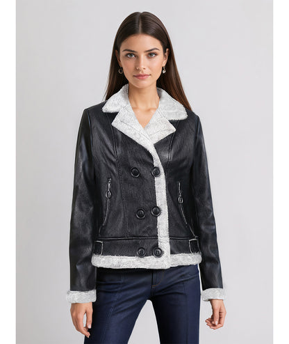Fleece Padded Women's Leather Coat