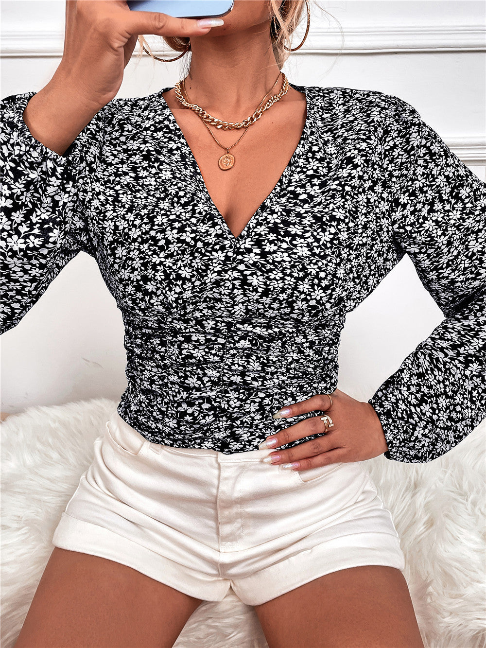 Long Sleeve V Neck Floral Top T Shirt Women
