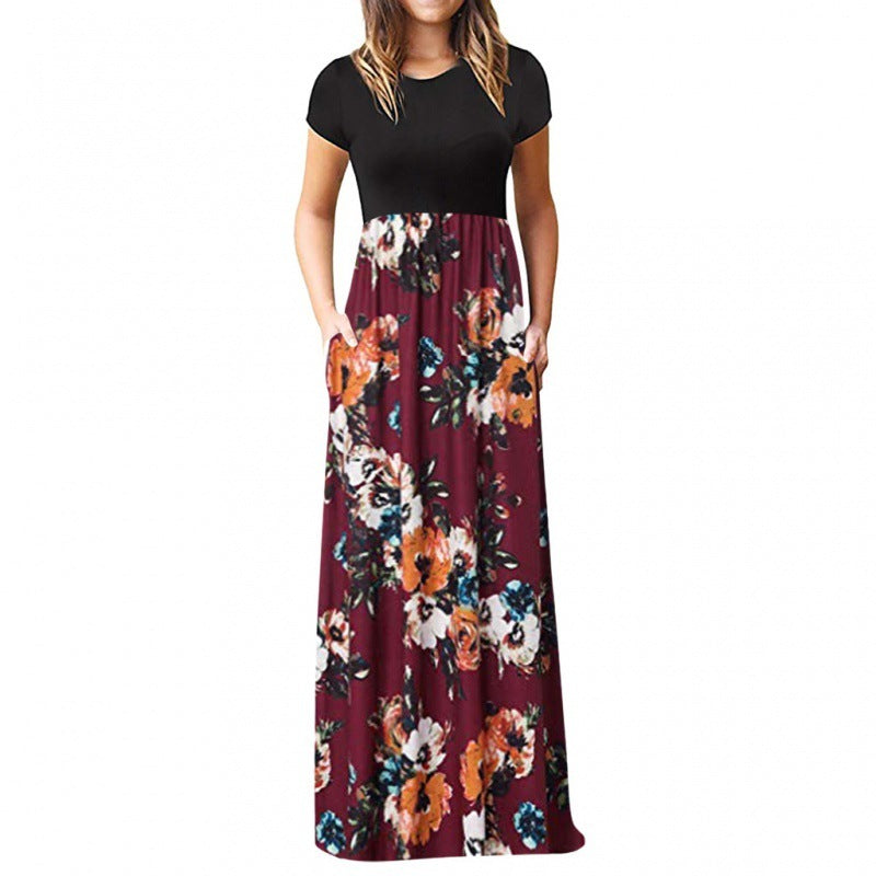 Ladies Short Sleeve Printed Dress Long Skirt