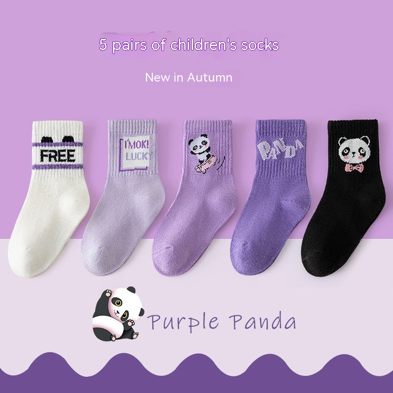 The Panda Athletic: Purple Panda Cartoon Mid-Tube Athletic Socks