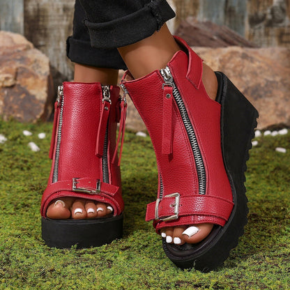 Round Toe Double Zipper Heel Buckle Hollow Women's Sandals