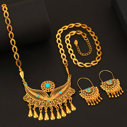 3pcs Fashionable And Personalized Water Droplet Tassel Copper Plated 18k Gold Women's Necklace And Earring Set, Suitable For Parties And Gifts, Daily Wear