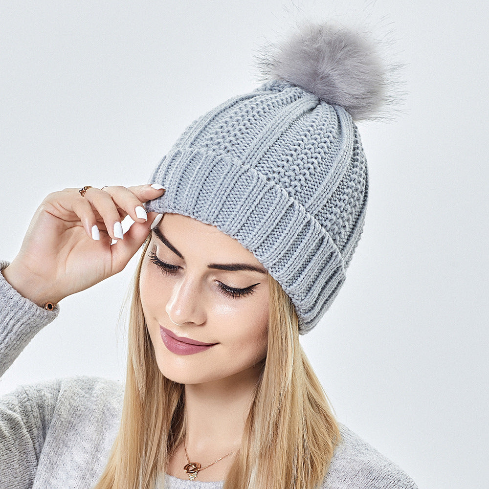 Faux Fur Pom-Pom Beanie Hat | Women's Fleece-Lined Stretchy Knit Winter Skull Cap