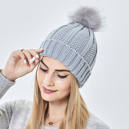 Faux Fur Pom-Pom Beanie Hat | Women's Fleece-Lined Stretchy Knit Winter Skull Cap