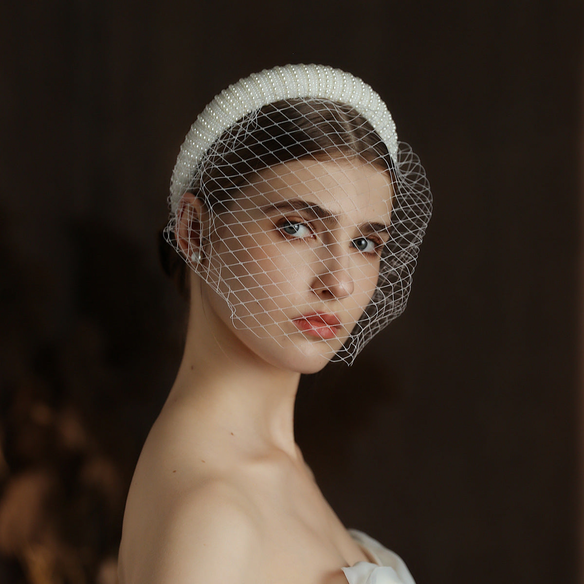French Hepburn Style Bridal Veil White Vintage Beaded Large Meshed Net Mesh Headband