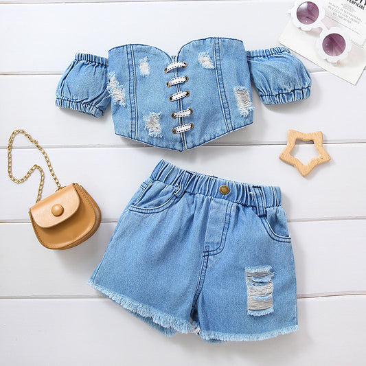 Girls' Denim Ripped Top Shorts Suit