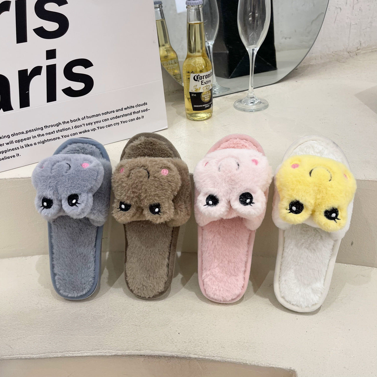 Female Cartoon Flat-bottomed Warm Wool Slippers