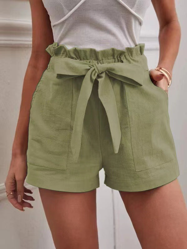 Loose Cotton And Linen Casual Pocket High Waist Wide Leg Shorts