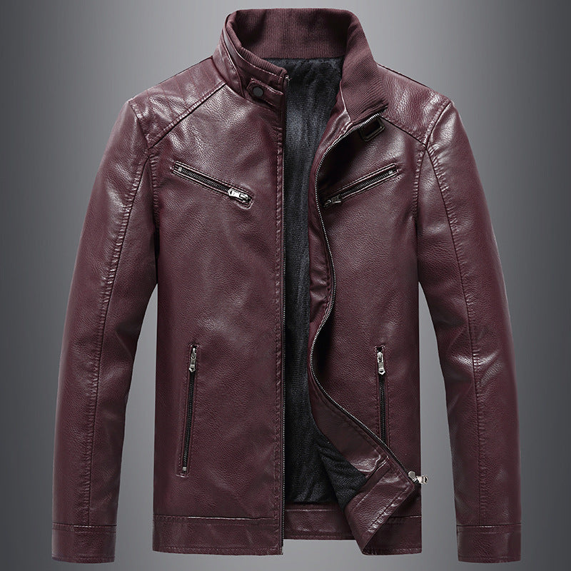 Mens Fleece Padded Coat Casual Korean-Style Stand Collar PU Leather Trendy Youth