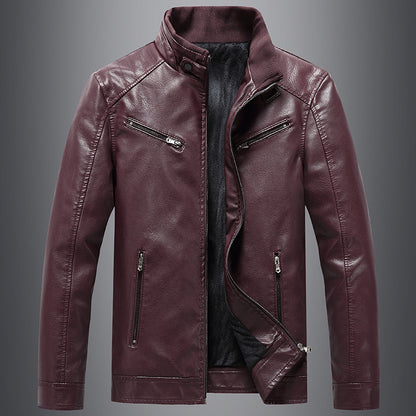 Mens Fleece Padded Coat Casual Korean-Style Stand Collar PU Leather Trendy Youth