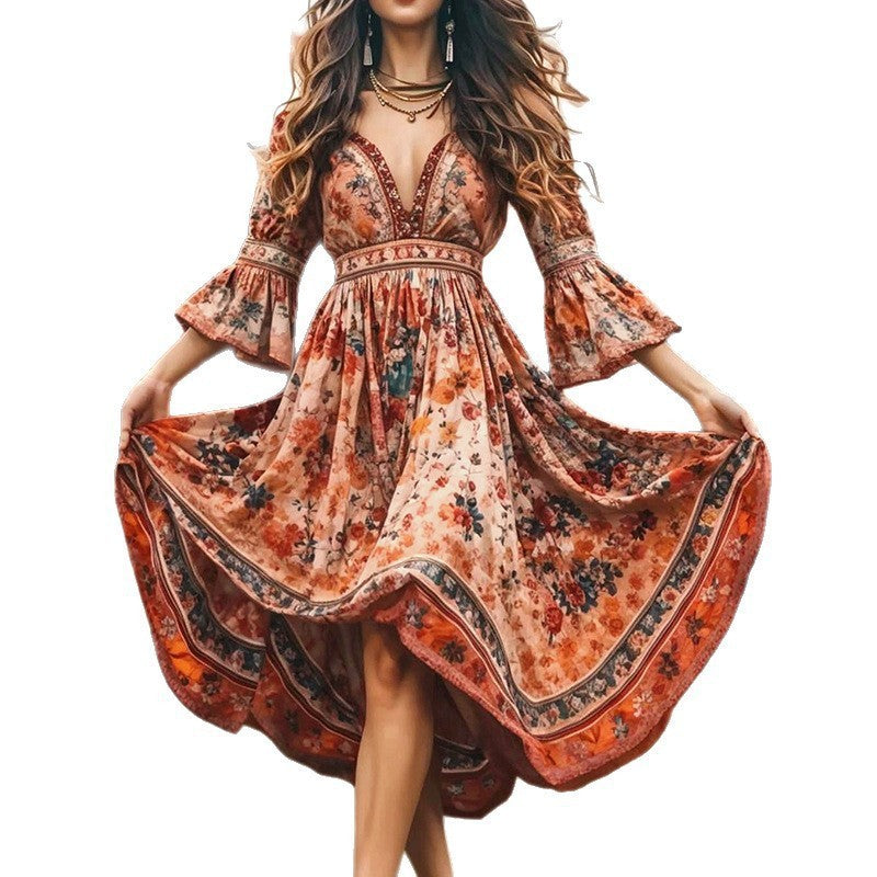 Women's Printed Bell Sleeve V-neck Long Dress