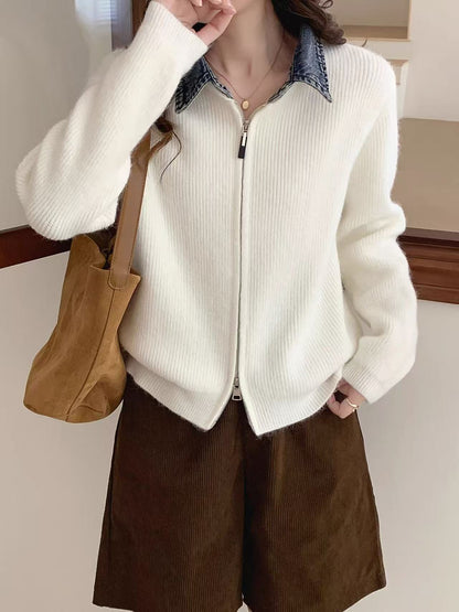 False Two-piece High Quality Denim Patchwork Knitted Sweater