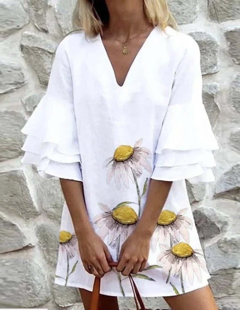 White Lotus Leaf Sleeve Printed Casual Dress