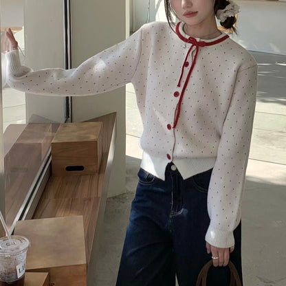 Women's Polka Dot Jacquard Lace-up Single-breasted Knitted Sweater