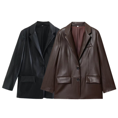 Simple Straight Leather Effect Blazer For Women